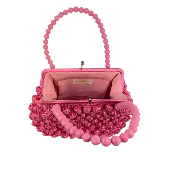 Pink Straw Handbag with Beaded Handle - Picture 4 of 4